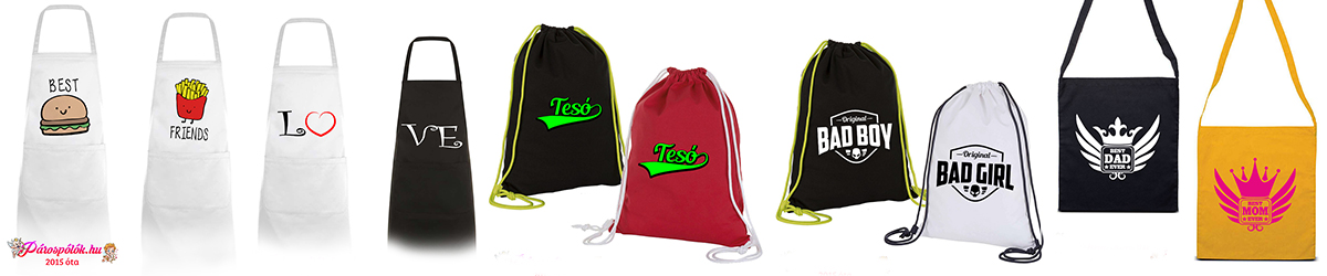 Páros kiegészítők: táskák, tornazsákok, kötények