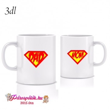 Egyedi gyártású Super Dad Super Mom páros bögre
