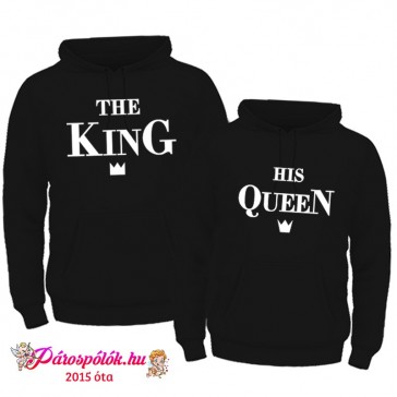 Egyedi gyártású Fekete King Queen kapucnis pulóverek, fehér vékony koronás mintával