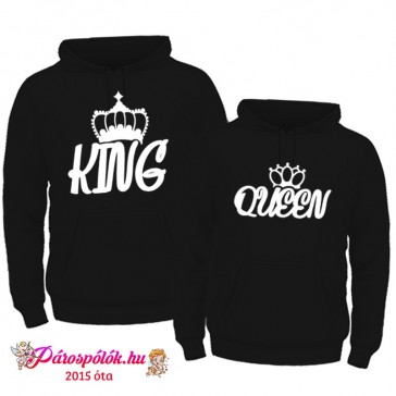 Egyedi gyártású Fekete King Queen kapucnis pulóverek, fehér mintával, koronával