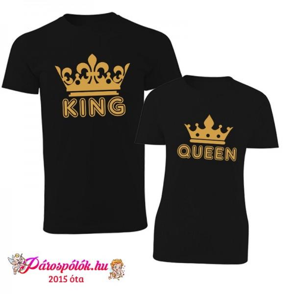 Egyedi gyártású King Queen fekete páros pólók arany színű mintával