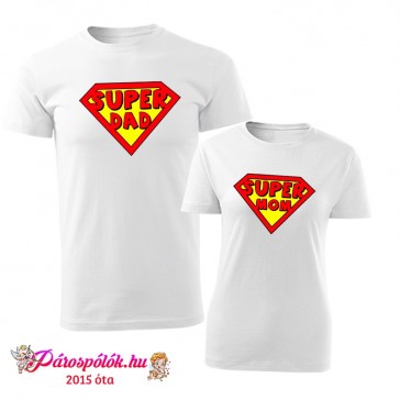 Egyedi gyártású Szuper szülős családi pólók, fehér színben