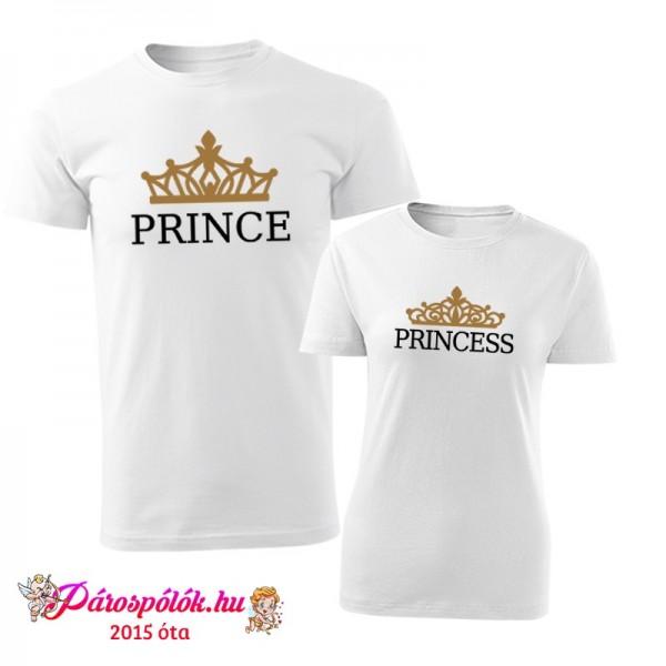 Egyedi gyártású Prince Princess páros fehér pólók, arany koronával